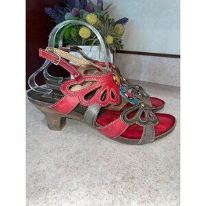 LArtiste Womens Red & Brown Leather Open-Toe Heeled Sandals With Gemstone Accent